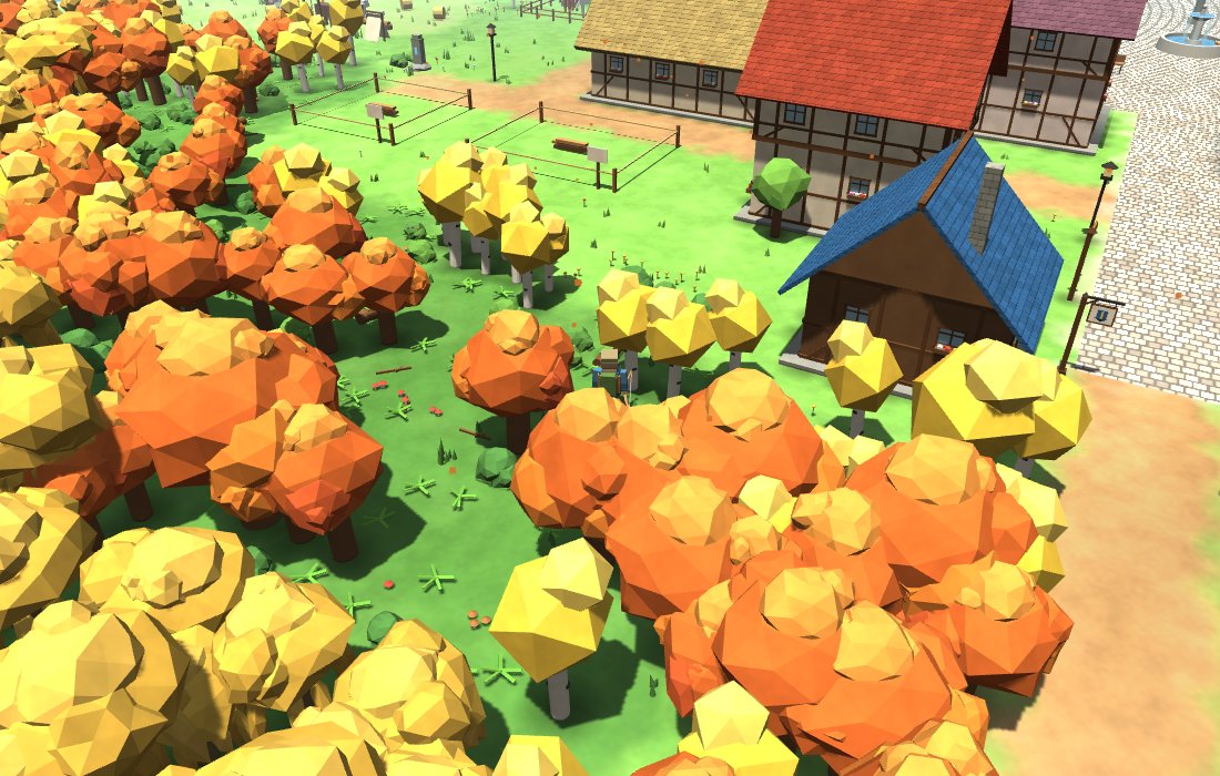 A wood in its autumn colours seen from above, birches gold among orange oaks, with the roofs of the town beyond