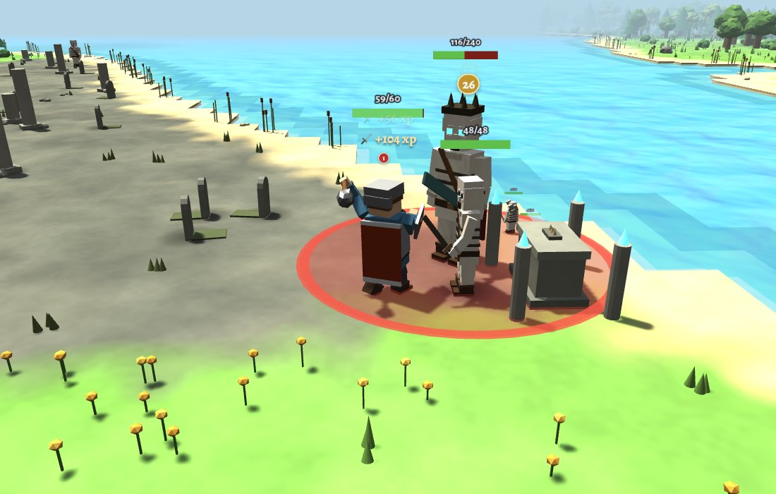 A player with a mace and shield beside a crowned skeleton at a stone tomb, a red circle spreading on the ground around them