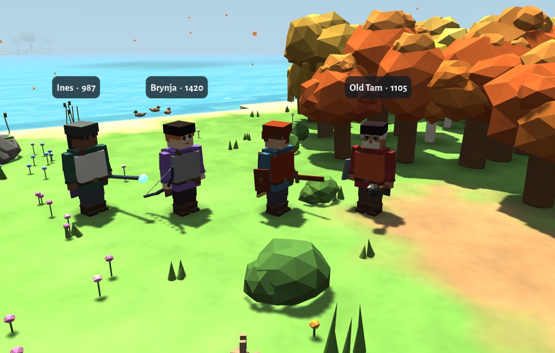 Four players side by side on the shore by an autumn wood, carrying a staff, a bow, a sword and shield, and a maul