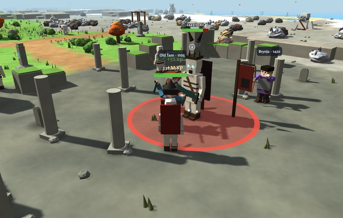 Three players among the broken pillars of a ruined fort, fighting a horned skeleton knight in a black cloak inside a red warning circle