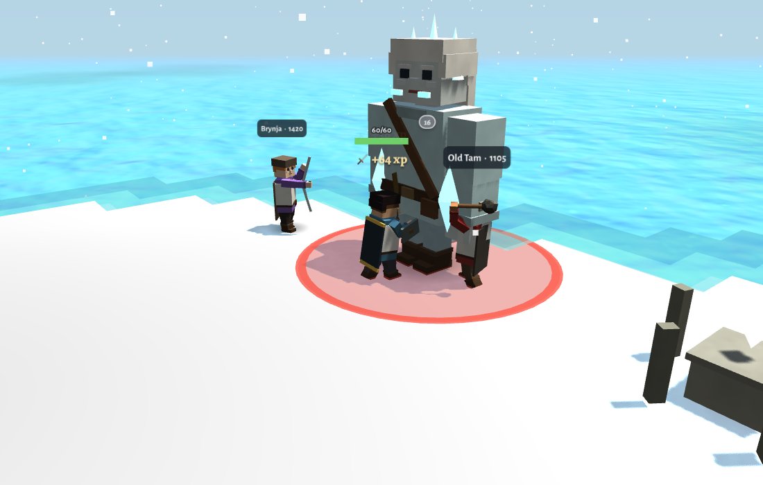 A pale giant of ice towering over three players on a snowfield by the sea