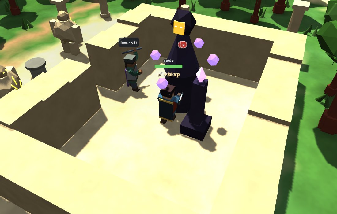 Two players in a stone room fighting a tall dark-robed figure in a golden mask, with violet lights circling it